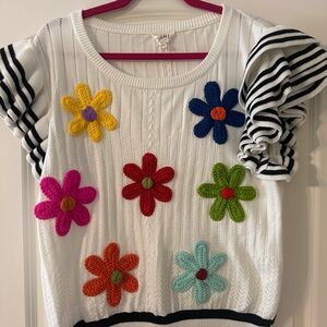 BiBi White Knit Short-Sleeve Top with Multicolor Crochet Flowers